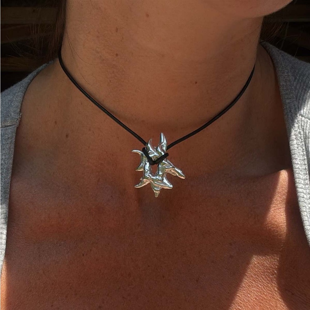 Silver Starburst Pendant Necklace on Black Cord PUNCH Jewelry